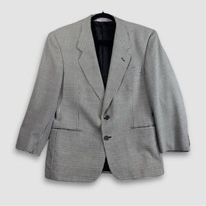 Vintage Black White Wool Houndstooth Checkered Academia Double Breasted Blazer